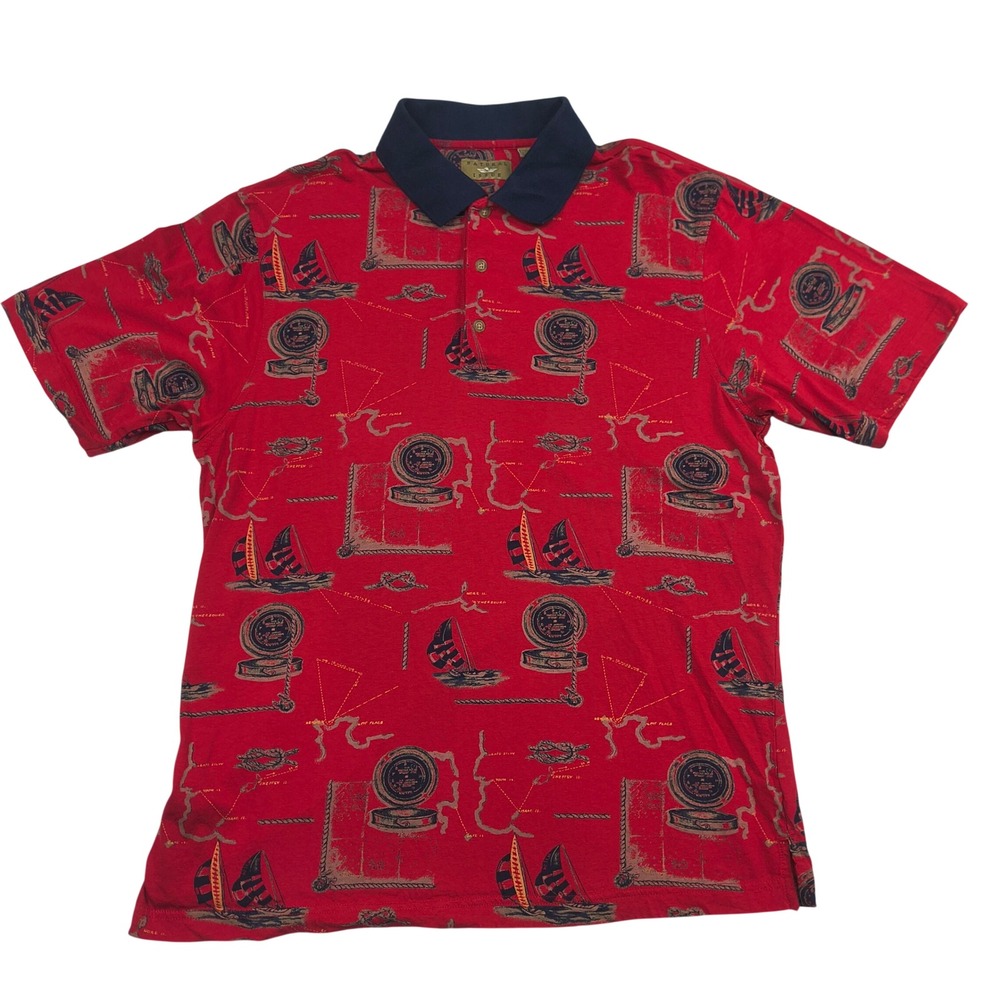 Natural Issue Mens Medium Red Nautical Sailboat Compass Print Polo Shirt